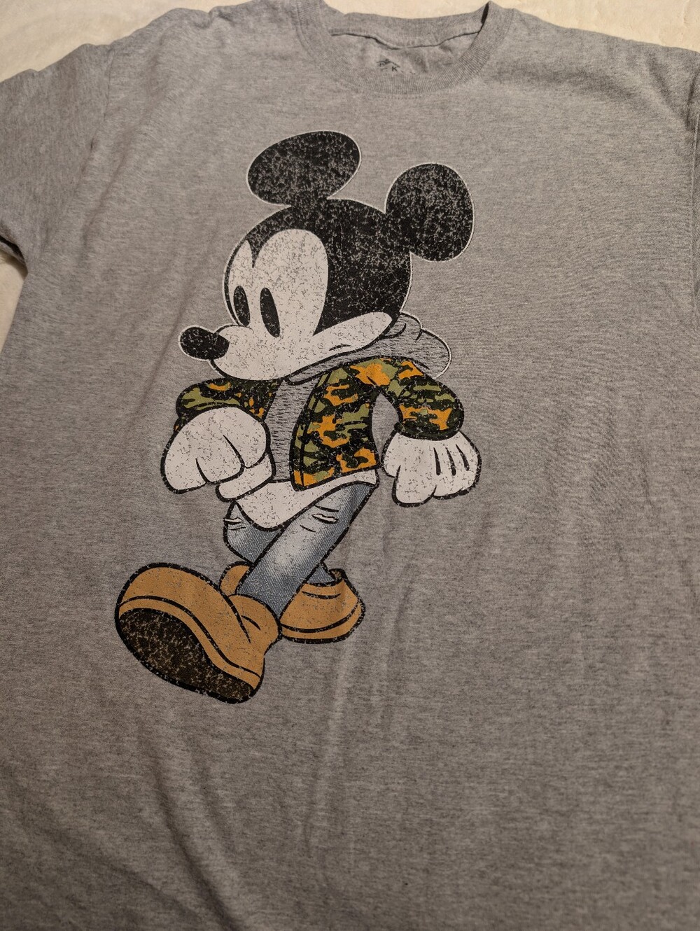 Gray Mickey Mouse Graphic Tee with Camo Jacket. Size M